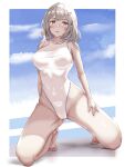  1girl barefoot blue_sky breasts brown_eyes cloud commentary_request competition_swimsuit covered_navel day grey_hair hair_ornament hairclip highleg highleg_swimsuit kneeling large_breasts mashinatsu one-piece_swimsuit original outdoors short_hair sky solo stretch_action swimsuit white_one-piece_swimsuit 