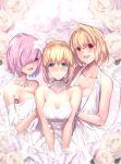  3girls ahoge arcueid_brunestud artoria_pendragon_(all) bangs bare_shoulders blonde_hair blush braid breasts cleavage closed_mouth collarbone fate/grand_order fate/stay_night fate_(series) french_braid green_eyes hair_intakes hair_over_one_eye highres large_breasts lavender_hair long_hair looking_at_viewer mash_kyrielight medium_breasts multiple_girls open_mouth purple_eyes red_eyes saber short_hair smile tsukihime type-moon untsue 
