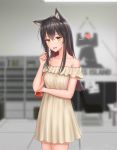  1girl :d absurdres alternate_costume animal_ear_fluff animal_ears arknights bangs bare_shoulders beige_dress black_hair blurry blurry_background blush brown_eyes brown_hair collarbone commentary cowboy_shot dress eyebrows_visible_through_hair food hair_between_eyes hand_up heart highres holding holding_food indoors long_hair looking_at_viewer multicolored_hair off-shoulder_dress off_shoulder open_mouth pocky short_dress sidelocks smile solo standing suggestive_fluid texas_(arknights) wolf_ears yuyuyu_(pixiv19949705) 