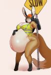 anthro armor belly big_belly big_breasts black_body black_fur black_hair blue_eyes bottomless breasts canid canine cleavage clothed clothing eyewear female fennec fingers fox fur glasses hair hand_on_own_belly hard_hat headgear helmet hi_res huge_breasts long_hair mammal multicolored_body multicolored_fur odisia pregnant smile solo standing tail tan_body tan_fur topwear white_body white_fur