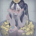  1girl bandaid bandaid_on_arm bandaid_on_knee bandaid_on_leg bath bathtub blue_eyes blue_hair blush commentary completely_nude crying crying_with_eyes_open frown gauze hair_between_eyes hair_bun hair_ornament hairclip hands_on_own_face kanikamaseiun knees_up long_hair nude object_bath original rubber_duck sitting solo symbol-only_commentary tears tile_wall tiles vaccine_scar very_long_hair 