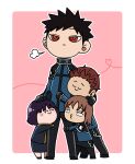  1girl 3boys ^_^ affectionate alternate_height black_footwear black_gloves black_pants black_skirt blue_jacket bob_cut border_operator_uniform_(world_trigger) brown_hair chibi closed_eyes closed_mouth full_body gloves group_hug hand_on_another&#039;s_head hands_on_another&#039;s_stomach happy headpat height_difference hug hug_from_behind jacket jitome kazama_souya kazama_squad&#039;s_uniform kikuchihara_shirou legs_apart long_sleeves mikami_kaho multiple_boys naenokyuuri_(truchmobis) outline outside_border pants pink_background puckered_lips purple_hair red_eyes red_hair shoes short_hair sigh skirt spiked_hair standing uniform utagawa_ryou_(world_trigger) white_outline world_trigger 