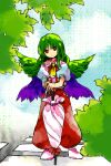  1girl ascot closed_mouth commentary_request day flat_chest green_hair green_wings highres holding holding_umbrella kaigen_1025 kazami_yuuka looking_at_viewer multiple_wings no_nose open_clothes open_vest outdoors parasol purple_wings red_eyes red_vest seihou shirt socks solo touhou touhou_(pc-98) umbrella vest white_shirt white_socks white_umbrella wings yellow_ascot 