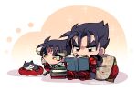  2boys animal belt black_eyes book book_stack cat chain chibi devil_jin facial_mark fingerless_gloves forehead_jewel gloves grey_horns horns kazama_jin kotorai male_focus multiple_boys no_nose pillow reading red_belt red_gloves short_hair signature sitting tekken thick_eyebrows v-shaped_eyebrows yellow_eyes 