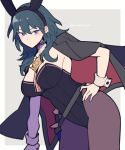  1girl alternate_costume animal_ears black_jacket black_leotard blue_eyes blue_hair blush border breasts brown_pantyhose byleth_(female)_(fire_emblem) byleth_(fire_emblem) cleavage commentary_request detached_collar do_m_kaeru fake_animal_ears fire_emblem grey_background hair_between_eyes hand_on_own_hip jacket jacket_on_shoulders large_breasts leotard long_hair outside_border pantyhose playboy_bunny rabbit_ears simple_background solo strapless strapless_leotard thighs white_border wrist_cuffs 