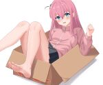  1girl absurdres bare_legs barefoot blue_eyes blush bocchi_the_rock! box cardboard_box commentary_request cube_hair_ornament duplicate feet foot_out_of_frame gotoh_hitori hair_ornament highres jacket long_hair parted_lips pink_hair pink_jacket pinkiuzu pixel-perfect_duplicate side_ahoge simple_background skirt soles solo toes white_background 