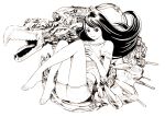  1girl barefoot black_hair claws commentary_request greyscale knees_up long_hair machine monochrome original shirt short_sleeves shorts simple_background smile solo tongue tongue_out white_background yoshitomi_akihito 