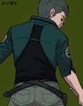  1boy badge belt black_shirt closed_mouth cropped_jacket from_behind frown green_background green_jacket green_theme grey_hair grey_pants holding holding_sword holding_weapon jacket kuruma_squad&#039;s_uniform looking_at_viewer male_focus murakami_kou omusubi_(pixiv67560767) pants pocket profile shirt short_hair sideways_glance simple_background sleeves_past_elbows solo spiked_hair sword uniform weapon world_trigger 