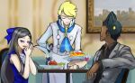  1girl 2boys alternate_costume arm_behind_back ascot black_hair blonde_hair blue_ascot chair closed_eyes collared_shirt cup dark-skinned_male dark_skin erushiza grant_(pokemon) holding holding_plate indoors multiple_boys nail_polish own_hands_together painting_(object) plate pokemon pokemon_xy purple_eyes shirt siebold_(pokemon) sitting table valerie_(pokemon) 