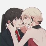  2girls bare_shoulders black_hair black_jacket black_ribbon blonde_hair blush chromatic_aberration closed_mouth collared_shirt commentary_request dress ear_blush earpiece highres inoue_takina jacket long_hair lycoris_recoil multiple_girls neck_blush neck_ribbon necktie nishikigi_chisato open_mouth ponytail purple_eyes red_dress red_eyes red_necktie ribbon shirt short_hair sidelocks simple_background sweatdrop upper_body white_background white_shirt yarou_(0tyaro) yuri 