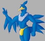  2019 4_fingers anthro anthrofied avian beak biped bird blue_body blue_feathers blue_wings bottomwear bulge chest_tuft clothed clothing cramorant daikuhiroshiama digital_drawing_(artwork) digital_media_(artwork) feathered_wings feathers fingers front_view green_eyes half-closed_eyes looking_at_viewer male multicolored_body multicolored_feathers narrowed_eyes nintendo pok&eacute;mon pok&eacute;mon_(species) pok&eacute;morph portrait simple_background smile solo standing suave tail_feathers thong three-quarter_portrait tuft two_tone_body two_tone_feathers underwear video_games white_body white_feathers wings yellow_beak 