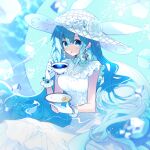 1girl blue_background blue_eyes blue_hair commentary_request cowboy_shot cup cyawa dress food fruit gloves hat highres holding holding_cup holding_saucer lemon lemon_slice long_hair looking_at_viewer open_mouth original parted_lips saucer sitting sleeveless sleeveless_dress solo teacup very_long_hair white_dress white_gloves white_headwear 
