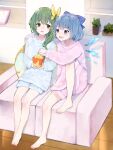  2girls absurdres alternate_costume barefoot blue_bow blue_eyes blue_hair blue_pajamas blurry blush bow casual cirno commentary_request commission couch daiyousei depth_of_field drooling fairy_wings food full_body green_eyes green_hair hair_bow happy heart heart-shaped_pupils highres ice ice_wings indoors knee_up legs long_hair loungewear multiple_girls on_couch one_side_up open_mouth pajamas pink_pajamas plant popcorn potted_plant second-party_source shelf short_hair side-by-side side_ponytail sitting skeb_commission sleeves_past_wrists smile symbol-shaped_pupils thighs toes touhou wings wooden_floor yellow_bow yurara_(aroma42enola) 