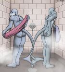 absurd_res anthro butt cetacean cxeroannuki detailed_background dolphin drying drying_body duo entwined_tails eyewear fish glasses hi_res male mammal marine nude shark shower tail tail_coil toothed_whale towel