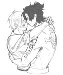  2boys arm_tattoo arms_around_neck back back_tattoo blush closed_mouth commentary couple curly_eyebrows english_commentary facial_hair freckles hair_over_one_eye hair_tie highres hug jewelry looking_at_another male_focus monochrome multiple_boys mutual_hug necklace one_piece portgas_d._ace sanji_(one_piece) shirt short_hair short_ponytail sketch sleeves_rolled_up smile tattoo toned toned_male topless_male xve009 yaoi 