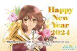  1girl artist_request brown_eyes brown_hair brown_jacket english_text euphonium flower happy_new_year hibike!_euphonium instrument jacket kitauji_high_school_uniform kyoto_animation logo looking_at_viewer official_art oumae_kumiko pink_flower red_flower school_uniform smile solo yellow_flower 