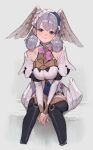  1girl absurdres bare_shoulders between_legs black_thighhighs blue_eyes breasts closed_mouth curly_hair dress feathered_wings grey_hair hand_between_legs head_wings highres large_breasts long_hair long_sleeves looking_at_viewer melia_antiqua o-ring short_dress sitting smile sooon thighhighs twitter_username white_dress wings xenoblade_chronicles_(series) xenoblade_chronicles_1 