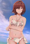  1girl absurdres arm_behind_back arm_under_breasts bikini blue_sky breasts brown_hair cloud collarbone commentary_request contrapposto crossed_bangs day dutch_angle expressionless groin hair_between_eyes highres higuchi_madoka idolmaster idolmaster_shiny_colors light_blush looking_at_viewer medium_hair mesuosushi mole mole_under_eye navel noctchill_(idolmaster) ocean print_bikini purple_eyes short_hair sky solo swimsuit white_bikini 