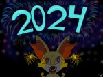 2024 ambiguous_gender canid canine colored detailed_background digital_media_(artwork) facial_tuft fennekin feral fireworks fox fur generation_6_pokemon holidays inner_ear_fluff light lighting mammal new_year new_year_2024 nintendo open_mouth pokemon pokemon_(species) red_body red_eyes red_fur shaded signature slysocx smile solo sparkler sparkling_eyes tagme tuft yellow_body yellow_fur