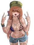  1girl absurdres alternate_costume american_flag_bikini bikini bow bracelet braid breasts brown_hair collar cowboy_shot cutoffs demon_horns denim denim_shorts dog_tags english_commentary flag_print gamryous girls&#039;_frontline glasses grand_theft_auto grand_theft_auto_vi green_nails hair_between_eyes hair_bow halterneck handprint hat highres horns jewelry looking_at_viewer medium_breasts multiple_braids nail_polish navel shorts sidelocks solo springfield_(girls&#039;_frontline) swimsuit teeth thighs tongue tongue_out upper_teeth_only w_arms white_background 