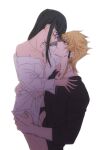  1boy 1girl alternate_costume arm_around_waist black_hair black_panties black_shirt blonde_hair blue_eyes blush breasts carly_nagisa carrying carrying_person cleavage collared_shirt commentary couple dangle_earrings earrings facing_to_the_side glasses hand_on_another&#039;s_hip hand_on_another&#039;s_leg hand_on_another&#039;s_thigh hands_on_another&#039;s_shoulders hetero highres imminent_kiss jack_atlas jewelry long_hair looking_at_another matching_accessory naoki_(2rzmcaizerails6) necklace no_pants panties parted_lips pendant purple_eyes round_eyewear shirt short_hair_with_long_locks simple_background spiked_hair symbol-only_commentary unbuttoned underwear upper_body white_background white_shirt yu-gi-oh! yu-gi-oh!_5d&#039;s 