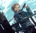  1boy aged_down badge black_pants blue_eyes blue_jacket blue_sky breast_pocket brown_hair chain-link_fence closed_mouth cowboy_shot day dutch_angle fence floating_scarf gloves hair_slicked_back hand_in_pocket hand_up highres holding holding_weapon jacket jin_yuuichi light_smile looking_to_the_side male_focus morita_yuu outdoors pants pocket scarf short_hair sky smile solo uniform utility_pole weapon white_gloves white_scarf wind world_trigger 