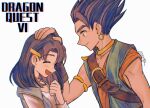  1boy 1girl armlet asymmetrical_sleeves belt_buckle blue_eyes blue_hair blue_tunic buckle closed_mouth commentary_request copyright_name dragon_quest dragon_quest_vi earrings fingerless_gloves from_side gloves hair_ornament hand_on_another&#039;s_head headpat height_difference hero_(dq6) highres hoop_earrings jewelry light_blush medium_hair mouyi neck_ring open_mouth shirt shoulder_belt siblings signature simple_background smile spiked_hair tania_(dq6) upper_body white_shirt 