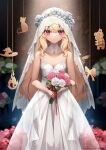  1girl aged_up bare_arms bare_shoulders blonde_hair blurry blurry_background blush bokeh bouquet breasts bridal_veil bride cleavage closed_mouth collar depth_of_field detached_collar dress flower hair_between_eyes holding holding_bouquet holding_flower indoors little_witch_nobeta long_dress long_hair looking_at_viewer medium_breasts nobeta official_art oopartz_yang pink_flower pink_rose red_eyes red_ribbon ribbon rose see-through smile solo standing strapless strapless_dress veil very_long_hair wedding wedding_dress white_collar white_dress white_flower white_rose 