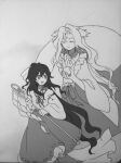  2girls ascot closed_eyes closed_mouth collared_shirt commentary_request detached_sleeves dress flat_chest forehead_jewel girl_who_trained_on_mt._haku_(touhou) gohei greyscale hair_ribbon holding holding_gohei kaigen_1025 kikuri_(touhou) long_hair monochrome multiple_girls neck_ribbon open_mouth portrait_of_exotic_girls ribbon ribbon-trimmed_skirt ribbon_trim shirt simple_background skirt smile touhou touhou_(pc-98) white_background 