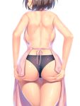  1girl a.x. absurdres apron ass ass_focus ass_grab back black_panties blush breasts brown_hair cowboy_shot deep_skin facing_viewer from_behind grabbing_own_ass hands_on_ass head_out_of_frame highres large_breasts open_mouth original panties pink_apron shiny shiny_skin short_hair shoulder_blades sideboob sideways_mouth simple_background solo standing sweat thigh_gap thighs underwear white_background 