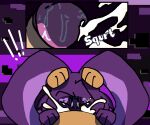 angry anthro big_breasts black_background black_eyes bodily_fluids breasts chaoticdream cheek_tuft cum cum_in_mouth cum_inside digital_creature disembodied_hand duo ejaculation exclamation_point facial_tuft fellatio female five_nights_at_freddy&#039;s fur genital_fluids genitals lagomorph leporid male male/female mammal onomatopoeia oral penile penis purple_background purple_body purple_fur questionable_consent rabbit scottgames sex shadow_bonnie_(fnaf) simple_background sound_effects text tuft
