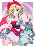  1girl arc_draws bare_shoulders black_shirt blonde_hair blue_eyes bracelet character_name closed_mouth eyes_visible_through_hair flute flying_sweatdrops glaceon hairband hand_up highres instrument irida_(pokemon) jewelry multicolored_sash neck_ring pokemon pokemon_(creature) pokemon_legends:_arceus red_hairband red_sash red_shirt sash shirt short_hair shorts solo strapless strapless_shirt twitter_username two-tone_sash two-tone_shirt white_sash white_shorts 
