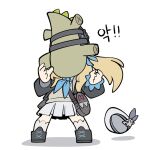  1girl animal_bag armedrabbit beret blonde_hair blue_bow bow commentary_request girls&#039;_frontline girls&#039;_frontline_2:_exilium grey_skirt hair_bow hat long_hair long_sleeves miniskirt pleated_skirt school_uniform shadow skirt solo standing translation_request vepley_(girls&#039;_frontline_2) white_headwear 