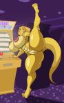 absurd_res anthro arcade arcade_machine biskblizk female hi_res looking_at_viewer raised_leg red_sclera scales sees sees_game solo tail videogame_setting yellow_body yellow_scales