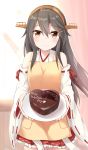  1girl absurdres apron artist_name bare_shoulders black_hair blush brown_eyes candy chocolate chocolate_heart commentary_request cowboy_shot detached_sleeves food hair_between_eyes hairband haruna_(kantai_collection) headgear heart highres japanese_clothes kantai_collection long_hair nontraditional_miko pleated_skirt red_skirt ribbon-trimmed_sleeves ribbon_trim ryuki_(ryukisukune) signature skirt smile solo valentine wide_sleeves yellow_apron 