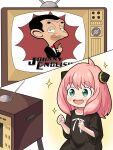  1boy 1girl :d antennae anya_(spy_x_family) black_dress clenched_hands dress green_eyes hairpods highres johnny_english mr_bean_(series) open_mouth pink_hair smile sparkle spy_x_family television viaigi watching_television 
