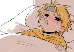  1boy bed black_eyes cold_pack commentary_request fever highres hood hoodie ice_pack mole mole_under_eye sakurai_yuuto_(shiromanta) senpai_ga_uzai_kouhai_no_hanashi shiromanta sick thermometer under_covers yellow_hoodie 