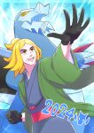  1boy 2024 :d absurdres alternate_costume baxcalibur black_gloves blonde_hair clenched_hand commentary_request gloves green_jacket grey_kimono hassel_(pokemon) highres jacket japanese_clothes kimono looking_to_the_side male_focus momo02634 open_mouth orange_eyes outstretched_arm parted_bangs pokemon pokemon_(creature) pokemon_sv sash short_ponytail smile spread_fingers teeth tongue upper_teeth_only 