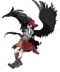  1girl bird_tail black_eyes black_hair black_wings boots brown_footwear brown_skirt closed_mouth commentary_request feathered_wings flat_chest frilled_sleeves frills full_body hat highres kaigen_1025 kurokoma_saki multicolored_shirt pleated_skirt puffy_short_sleeves puffy_sleeves short_sleeves simple_background skirt tail touhou white_background wings 
