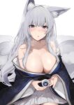  1girl alcohol animal_ear_fluff animal_ears azur_lane bare_shoulders blue_collar blue_eyes blue_kimono blush breasts cleavage collar cup fox_ears fox_girl fox_tail grey_hair hair_ornament highres japanese_clothes kimono kitsune large_breasts long_hair looking_at_viewer multiple_tails oregano_(olgn_eao) sake shinano_(azur_lane) solo tail very_long_hair white_hair 