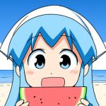  1girl :d anbe_masahiro bangs beach blue_eyes blue_hair blue_sky close-up day dot_nose eyebrows_visible_through_hair face food fruit hands_up holding holding_food holding_fruit horizon ikamusume long_hair looking_at_viewer lowres ocean official_art open_mouth outdoors portrait sand shinryaku!_ikamusume sky smile solo summer tareme upper_body water watermelon white_headwear 