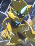  animal_focus blue_eyes blurry blurry_background claws closed_mouth commentary_request electricity herschel_unite highres horns no_humans pokemon pokemon_(creature) single_horn squatting yellow_fur zeraora 