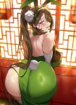  1girl absurdres animal_ears ass bare_shoulders blush breasts brown_hair bun_cover bunnystein_fantasy commentary_request dress elbow_gloves fake_animal_ears fake_tail from_behind gloves green_dress hair_ornament hair_over_one_eye highres huge_ass large_breasts long_hair looking_back mole mole_under_eye pantylines ponytail purple_eyes rabbit_ears rabbit_tail senri_gan simple_background smile solo sumire_(bunnystein_fantasy) sweat sweatdrop tail thighhighs thighs white_gloves 