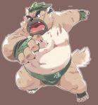 2020 anthro belly brown_body brown_fur canid canine canis domestic_dog fur garouzuki hi_res humanoid_hands kemono male mammal moobs navel nipples overweight overweight_male scar simple_background solo sumo tokyo_afterschool_summoners video_games yasuyori 