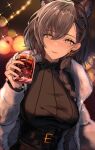  1girl absurdres alcohol animal_ear_fluff animal_ear_piercing animal_ears arknights asymmetrical_bangs asymmetrical_hair belt belt_buckle black_belt black_corset black_nails blurry blurry_background blush bokeh braid braided_ponytail breasts brown_hair brown_sweater buckle christmas christmas_lights cinnamon_stick commentary corset cranberry cup depth_of_field drink drinking_glass drunk dutch_angle earrings extra_ears eyelashes fingernails food fruit fur_jacket glass gluhwein hair_between_eyes hair_flowing_over hair_ornament hair_over_one_eye hairclip hand_up highres holding holding_cup holding_drink ice ice_cube jacket jewelry large_breasts layered_sleeves lemon lemon_slice lips long_hair long_sleeves looking_at_viewer mo_komo_momo mole mole_above_eye mulled_wine nail_polish official_alternate_costume open_clothes open_jacket parted_lips penance_(arknights) penance_(occasionally_flushed)_(arknights) piercing red_wine ribbed_sweater side_braid single_braid single_earring smile solo sparkle standing straight-on sweater turtleneck turtleneck_sweater underbust upper_body very_long_hair white_jacket wine wolf_ears wolf_girl yellow_eyes 