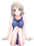  1girl akira_hjk ass barefoot blue_eyes blush breasts brown_hair commentary_request looking_at_viewer love_live! love_live!_sunshine!! one-piece_swimsuit short_hair simple_background solo swimsuit thighs watanabe_you wavy_hair 