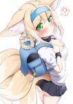  1girl ? absurdres animal_ear_fluff animal_ears arknights ass ass_blush backpack bag blonde_hair blue_headband blue_headwear blush bracelet braid breasts collar fox_ears green_eyes headband highres holding holding_bag jewelry kokihanada looking_at_viewer looking_back matching_accessory miniskirt multiple_tails shirt skirt small_breasts suzuran_(arknights) tail thighs white_background white_shirt 