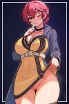  1girl artist_name ass_visible_through_thighs belt black_choker blue_background blue_coat breasts choker cleavage closed_mouth clothes_lift coat commentary commission cowboy_shot dress dress_lift eiyuu_densetsu english_commentary finger_to_mouth glooz_art hair_between_eyes highres large_breasts lifted_by_self looking_at_viewer no_panties one_eye_closed open_clothes open_coat pink_hair pussy sara_valestein sen_no_kiseki short_hair simple_background solo thigh_gap uncensored white_belt yellow_dress yellow_eyes 