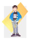  1boy belt black_belt black_eyes black_hair blue_jacket character_print child contemporary down_jacket full_body hands_in_pockets highres jacket male_focus maririnbo matsuno_osomatsu open_belt osomatsu-kun short_hair smile zipper_pull_tab 