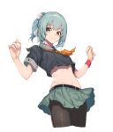  1girl absurdres bangs belt black_belt black_legwear blue_hair blush breasts cropped_legs eyebrows_visible_through_hair green_skirt hair_ribbon highres kantai_collection midriff orange_neckwear oweee pantyhose ponytail remodel_(kantai_collection) ribbon sailor_collar short_sleeves simple_background skirt solo white_background yellow_eyes yuubari_(kantai_collection) 